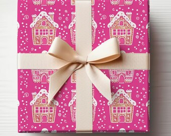 Preppy Pink Christmas Wrapping Paper Roll Pink Gingerbread House Wrapping Paper Pink Winter Houses Gift Wrapping Roll