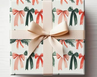 Rollo de papel de regalo navideño Coquette, papel de regalo con lazos Coquette, rollo de papel de regalo Coquette, papel de regalo con lazos rojos y verdes para Navidad