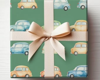 Green Cars Wrapping Paper Roll, Car Birthday Gift Wrap Roll, Cute Cars Wrapping Paper Birthday Cars Gift Wrap Car Themed Birthday