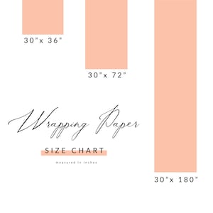 May include: A chart showing different sizes of wrapping paper. The sizes are 30 inches by 36 inches, 30 inches by 72 inches, and 30 inches by 180 inches. The text "Wrapping Paper Size Chart" is written in cursive.