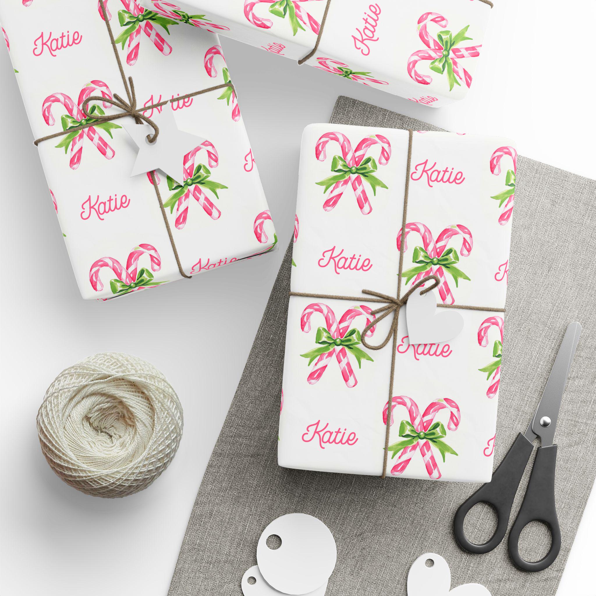 Pink Candy Cane Wrapping Paper With Custom Name Watercolor Pink Candy ...