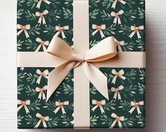 Dark Christmas Wrapping Paper With Cute Bows, Coquette Xmas Wrapping Paper Cute Handdrawn Bow Wrapping Paper Roll