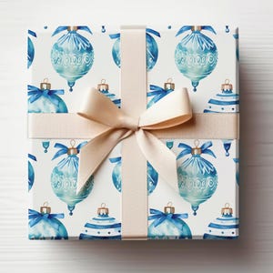 Christmas Ornament Wrapping Paper Roll Watercolor Ornament Gift Wrapping Blue and White Christmas Wrapping Paper Christmas Bauble Gift Wrap