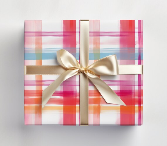 Pink Christmas Plaid Wrapping Paper Roll Pink Checkered Gingham Design, Watercolor Plaid, Pink and Orange, Modern Plaid Gift Wrap