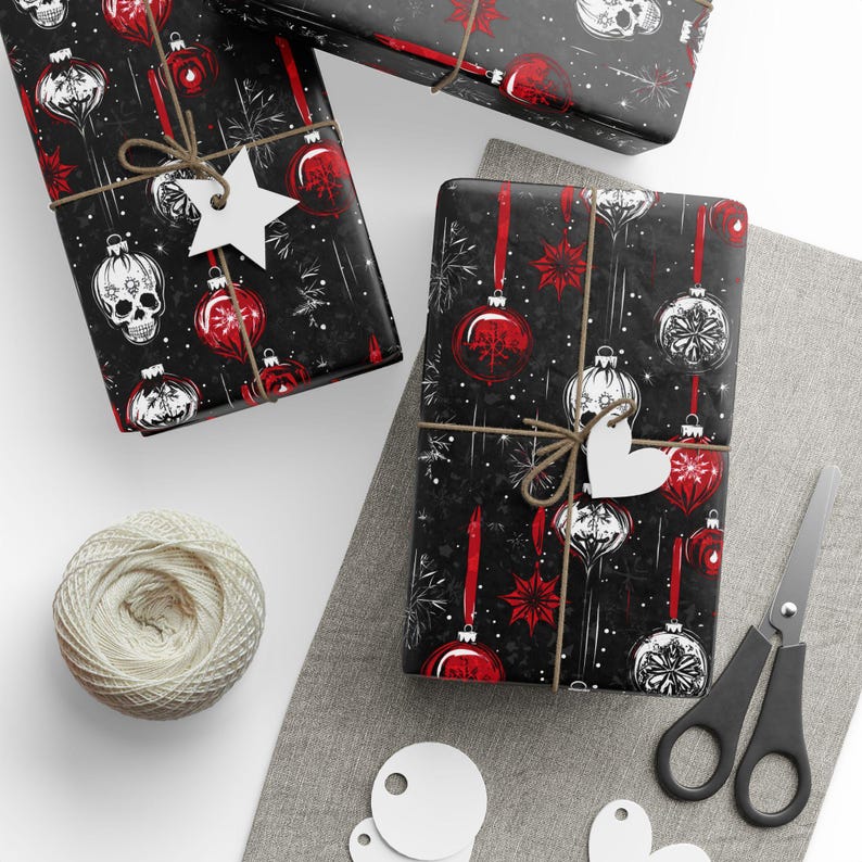 Gothic Christmas Wrapping Paper Roll Gothic Xmas Gift Wrap Roll, Skull Wrapping Paper Roll Skull Christmas Wrapping Paper Glossy image 3