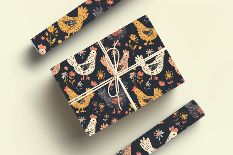 May include: A gift wrapped in dark blue wrapping paper with a repeating pattern of yellow, white, and orange chickens and flowers. The paper is tied with a white string.