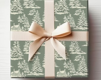 Sage Green Toile Vintage Wrapping Paper Roll Winter Toile, Green Christmas Toile Gift Wrap Roll
