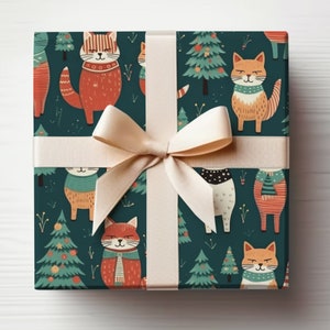 Christmas Cats Wrapping Paper Cats, Christmas Cats Gift Wrap Roll, Christmas Kitty Gift Wrap Roll, Kitty Wrapping Paper, Winter Kittens image 1