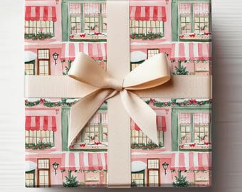 City Wrapping Paper Christmas Shop Wrapping Paper Pink Christmas Modern Christmas Store Wrapping Paper Roll Christmas Village