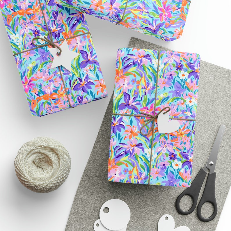 Iris Wrapping Paper Roll Colorful Iris Gift Wrap Roll, Cute Spring Wrapping Paper Purple Iris Floral Gift Wrap, Iris Lovers Gift Wrap image 2