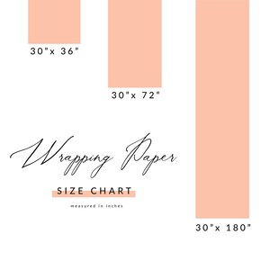 May include: A chart showing different sizes of wrapping paper, with the dimensions listed in inches. The sizes are 30 inches by 36 inches, 30 inches by 72 inches, and 30 inches by 180 inches.