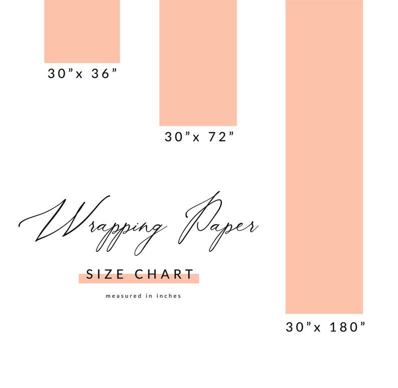 May include: A chart showing different sizes of wrapping paper, with the dimensions listed in inches. The sizes are 30 inches by 36 inches, 30 inches by 72 inches, and 30 inches by 180 inches.