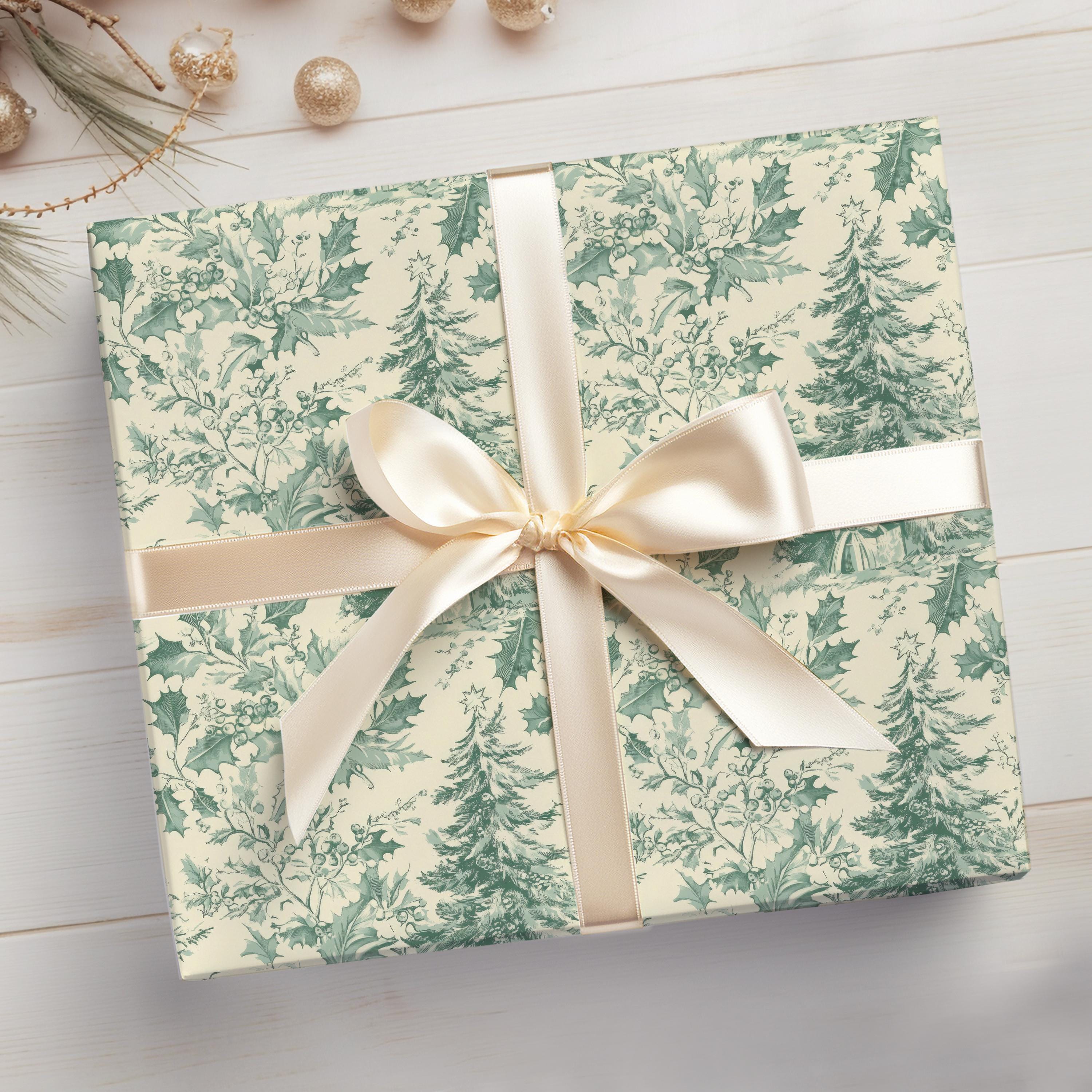Vintage Christmas Toile Wrapping Paper Roll Vintage Christmas Tree Gift Wrap Roll Antique Christmas Tree Wrapping Paper Sage Green Toile