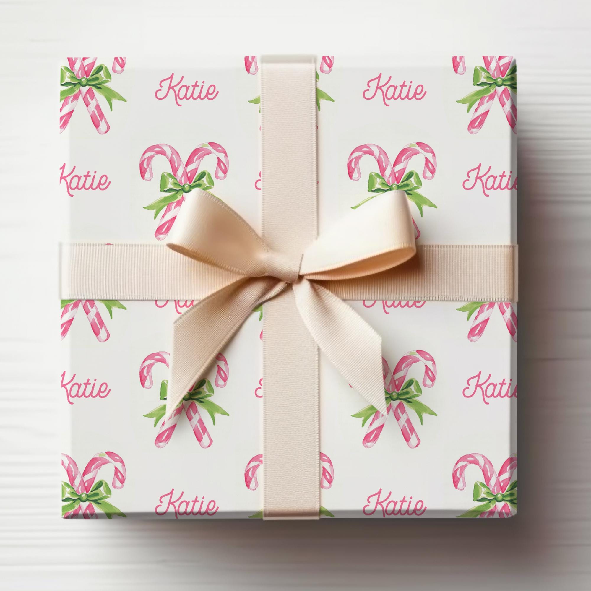 Pink Candy Cane Wrapping Paper With Custom Name Watercolor Pink Candy ...