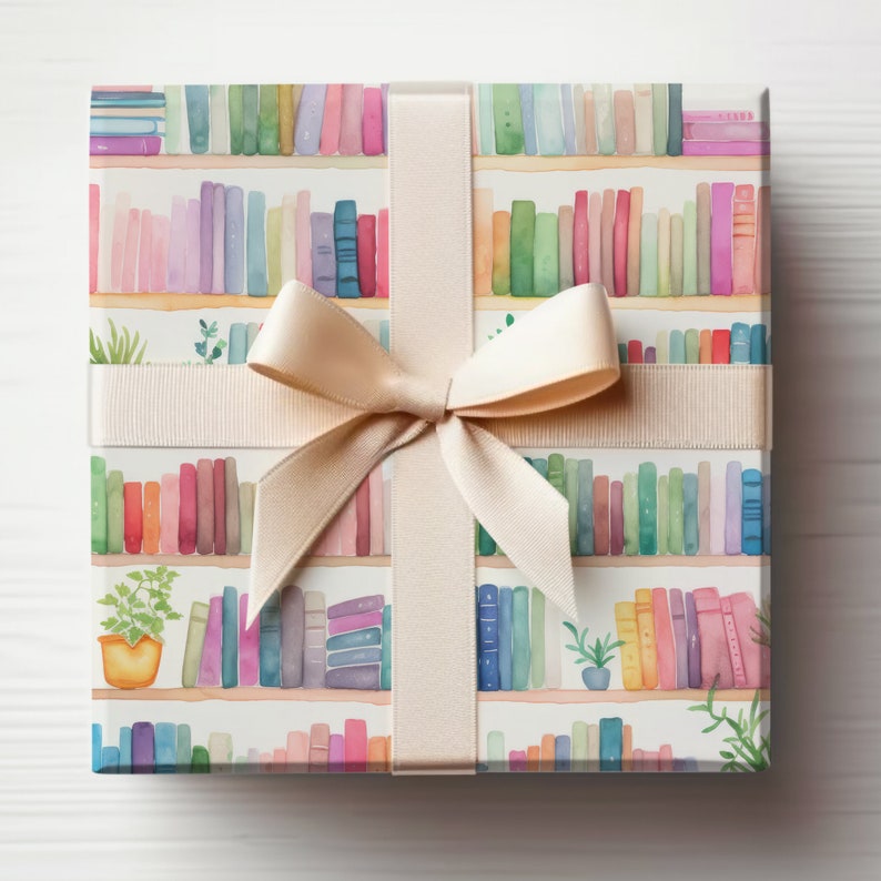 本が入ったラッピングペーパー、読書好きのラッピングペーパーロール、文学好きのための水彩画本棚ラッピングペーパーロール 画像 5