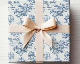 Blue Toile Wrapping Paper Circus Wrapping Paper Roll Baby Boy Gift Wrapping Roll Safari Toile Wrapping Paper Roll