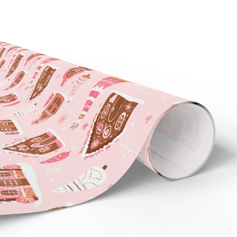 Pink Gingerbread House Wrapping Paper Roll Pink Gingerbread Christmas Gift Wrapping Roll Girly Christmas Gift Wrap Roll image 3