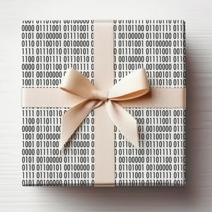 May include: A gift, wrapped in paper printed with a binary code pattern. The package is tied with a beige ribbon and bow. The wrapping paper has a repeating pattern of black zeros and ones.
