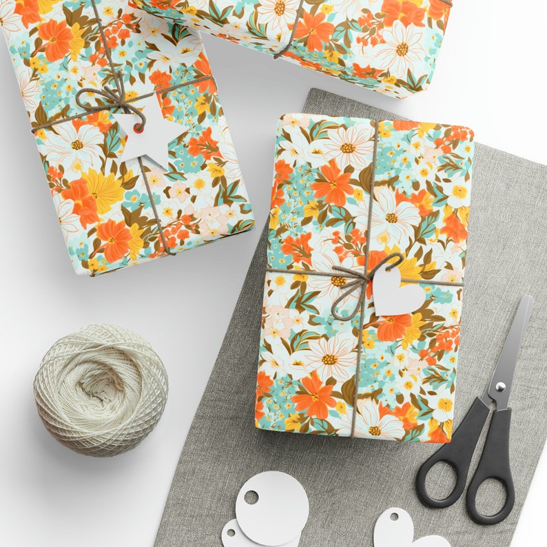 70s Wrapping Paper Roll, 1970s Gift Wrap, 70s Floral Wrapping Paper, Vintage 70s Retro Wrapping Paper Roll, 70s Gift Wrap Roll image 2