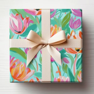 Tulpen-Geschenkpapier Frühlingstulpen Geschenkpapierrolle für Tulpenliebhaber Geschenkverpackung, Preppy Spring Floral Geschenkpapier, Neonfarben