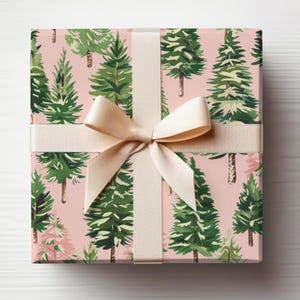 Carta da regalo foresta Pini rosa, Carta da regalo natalizia rosa Pini, Pini acquerello, Rotolo da regalo foresta acquerello