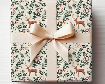 Woodsy Wrapping Paper Deer Gift Wrap Roll Forest Wrapping Paper, Modern Christmas Scandi Wrapping Paper Roll Cute Reindeer