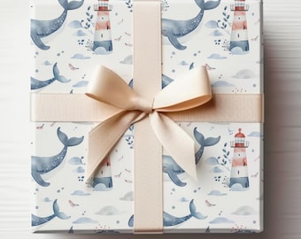 Rollo de papel de regalo con forma de ballena, rollo de papel de regalo náutico, rollo de papel de regalo para baby shower de niño, papel de regalo con forma de faro