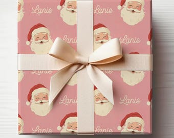 Pink Santa Wrapping Paper Roll With Name, Girly Santa Pink Gift Wrap Roll, Retro Santa Wrapping Paper With Name