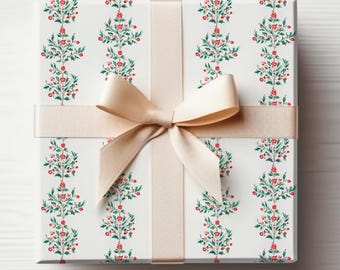 Damask Wrapping Paper Red and Green Victorian Christmas Gift Wrapping Roll, Vintage Christmas Ornate Wrapping Paper Design