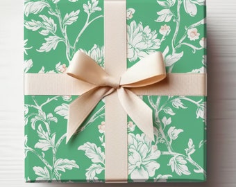 Green Chinoiserie Wrapping Paper, Elegant Wedding Gift Wrap, Kelly Green Wrapping Paper, Dainty Floral Gift Wrap, Victorian Wrapping Paper