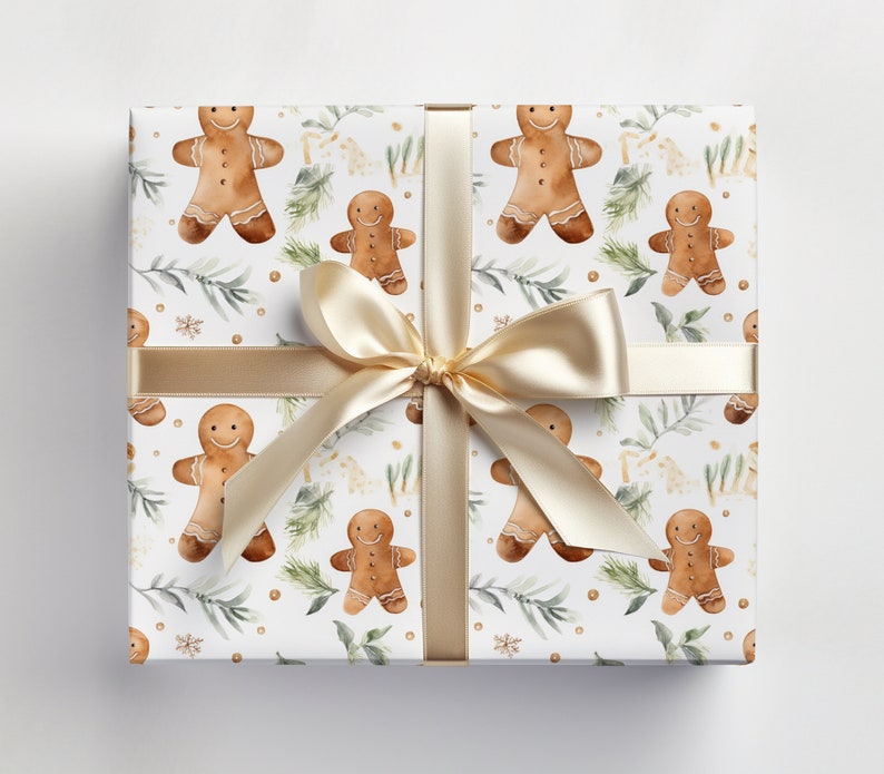 Gingerbread Wrapping Paper Gingerbread Man, Christmas Wrapping Paper Roll Watercolor Gingerbread Man, Bespoke Gift Wrap image 5