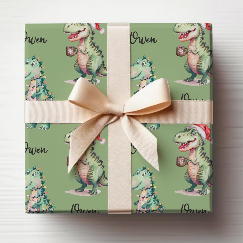 Christmas Dinosaur Wrapping Paper Roll With Name, Customized Christmas