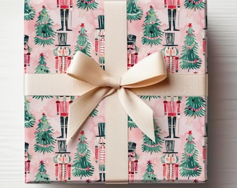 Nutcracker Wrapping Paper Pink Christmas Gift Wrap Roll Watercolor Nutcracker Gift Wrap Modern Christmas Wrapping Paper Artistic