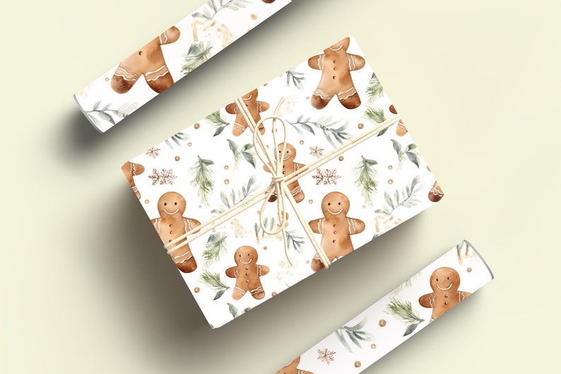 Gingerbread Wrapping Paper Gingerbread Man, Christmas Wrapping Paper Roll Watercolor Gingerbread Man, Bespoke Gift Wrap image 6