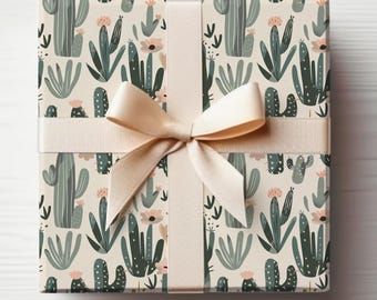 Boho Cactus Wrapping Paper Roll Western Gift Wrapping Roll Girly Gift Wrap Roll Pink Cactus Wrapping Paper Neutral Cactus