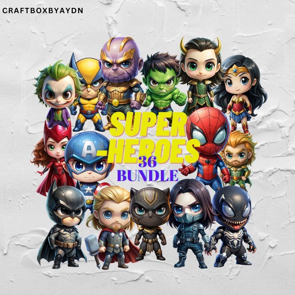 Superheroes ClipArt Bundle, 36 Cute Characters, High Resolution Digital ClipArts, High quality PNG, JPG, Instant Download, Superhero Png