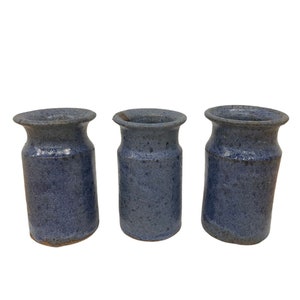Trio of Petite Mid-Century Blue Pottery Vases