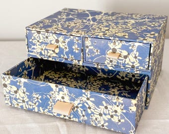 Blue Floral Marbled Paper Drawer Box — Handmade Desk & Keepsake Storage