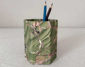 Green & Yellow Marbled Hexagonal Pen Pot, Handmade Brush Holder
