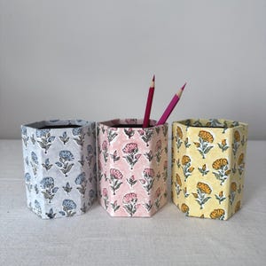 May include: Three hexagonal pencil holders featuring a repeating floral pattern. The left holder is light blue, the center is pink with two colored pencils inside, and the right is yellow. Each container displays a consistent botanical print.
