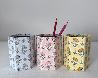 Floral Hexagonal Pen Pot, Handmade Desk Tidy & Brush Holder