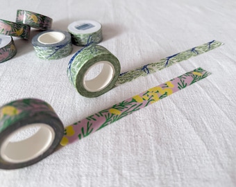 Botanical Washi Tape, Hand-drawn Floral, Willow & Mimosa, 15mm × 10m, Planner Tape