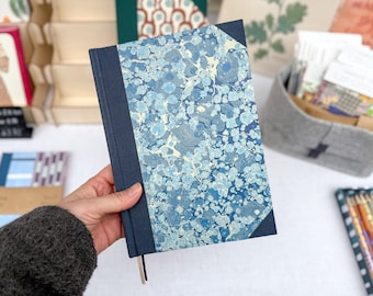 Handmade Hardcover Notebook| A5 | Blue Marbled Cover | Personalised Initials