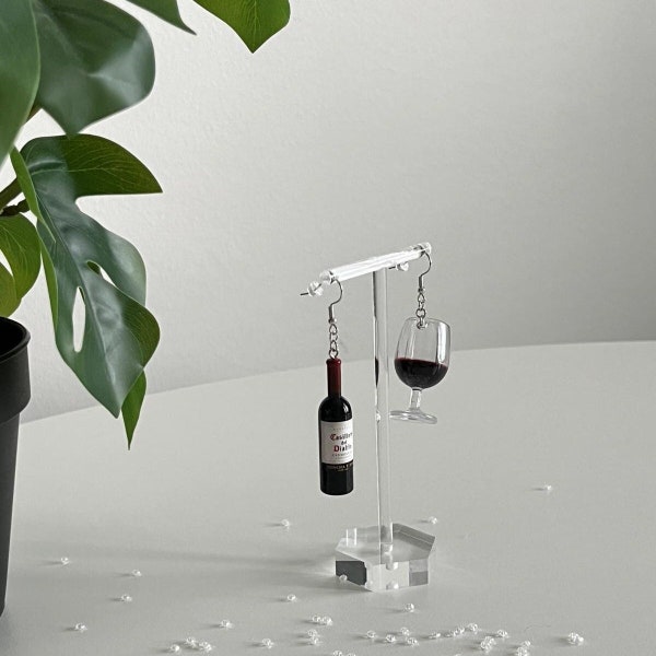 wine bottle earring - wine glass earring - 3D wine bottle and glass earring