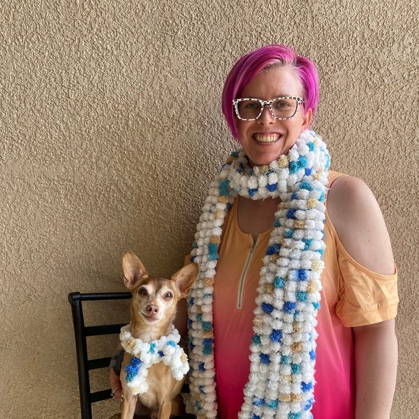 Matching Pet and Parent Scarf Set | Handmade Pom Pom Scarf | Luxe White and Blue Puffy Knitted Scarf | Dog Cat Matching Mama Papa Set