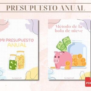 May include: Two digital budget planner pages with a dotted grid background and pastel abstract shapes. The left page features the text MI PRESUPUESTO ANUAL and two glass jars filled with green paper bills and gold coins. The right page shows the text Método de la bola de nieve, a pink piggy bank, a glass jar of gold coins, and green paper bills.