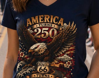 America Turns 250 Route 66 Turns 100 Womens V Neck Shirt, Patriotic Eagle Americana Tee, USA Road Trip Shirt