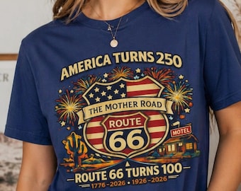 Camiseta del centenario de la Ruta 66, Camiseta América 250 2026, Camiseta del 250 aniversario de EE. UU., Camiseta del centenario de la histórica Ruta 66, Camiseta patriótica para viajes por carretera