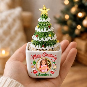 Könnte beinhalten: Ein kleiner dekorativer Weihnachtsbaum mit grünem Laub, weißem schneeartigem Rand und einem gelben Stern als Spitze in einem quadratischen weißen Keramiktopf. Der Topf zeigt den Schriftzug Merry Christmas, ein rundes Foto und den Namen Sandra.