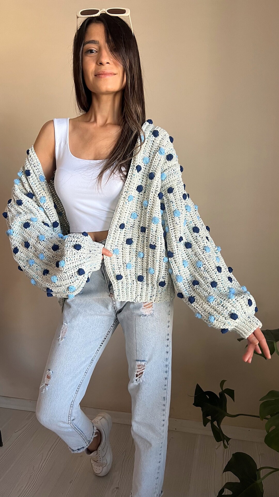 Navy Blue Oversized Sweater With Pom-poms, Artisanal Oversized Sweater ...